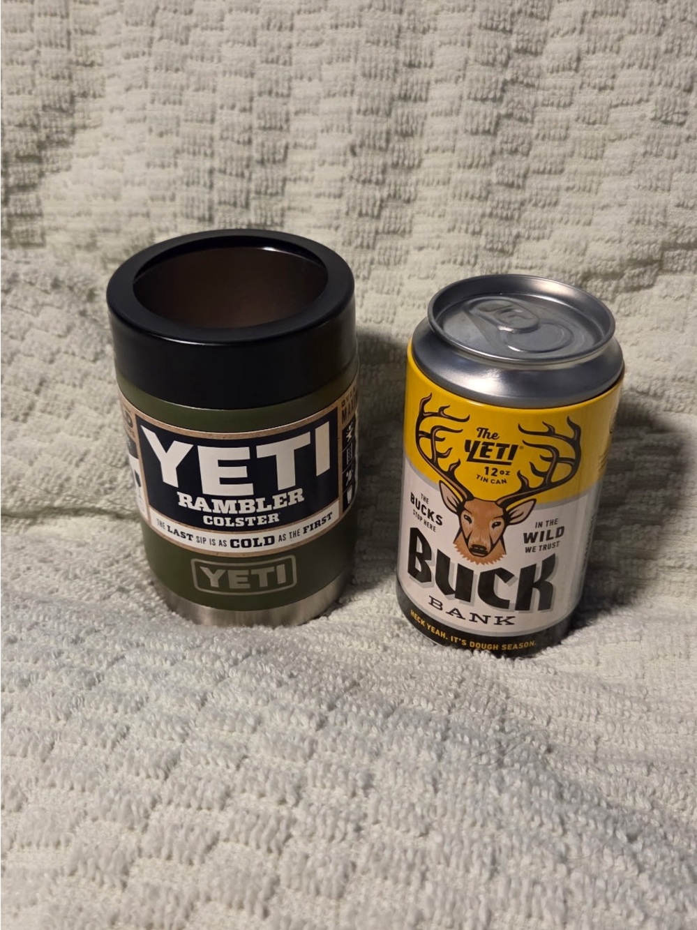 Yeti Rambler Colster Can Cooler in Olive Green with Black Lid + Yeti Buck Bank